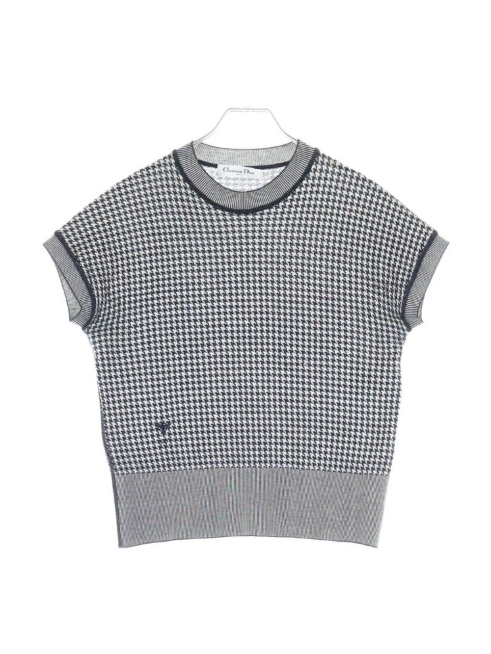 Dior Bee Embroidery Houndstooth Wool Knit Short Sleeve Sweater Black White